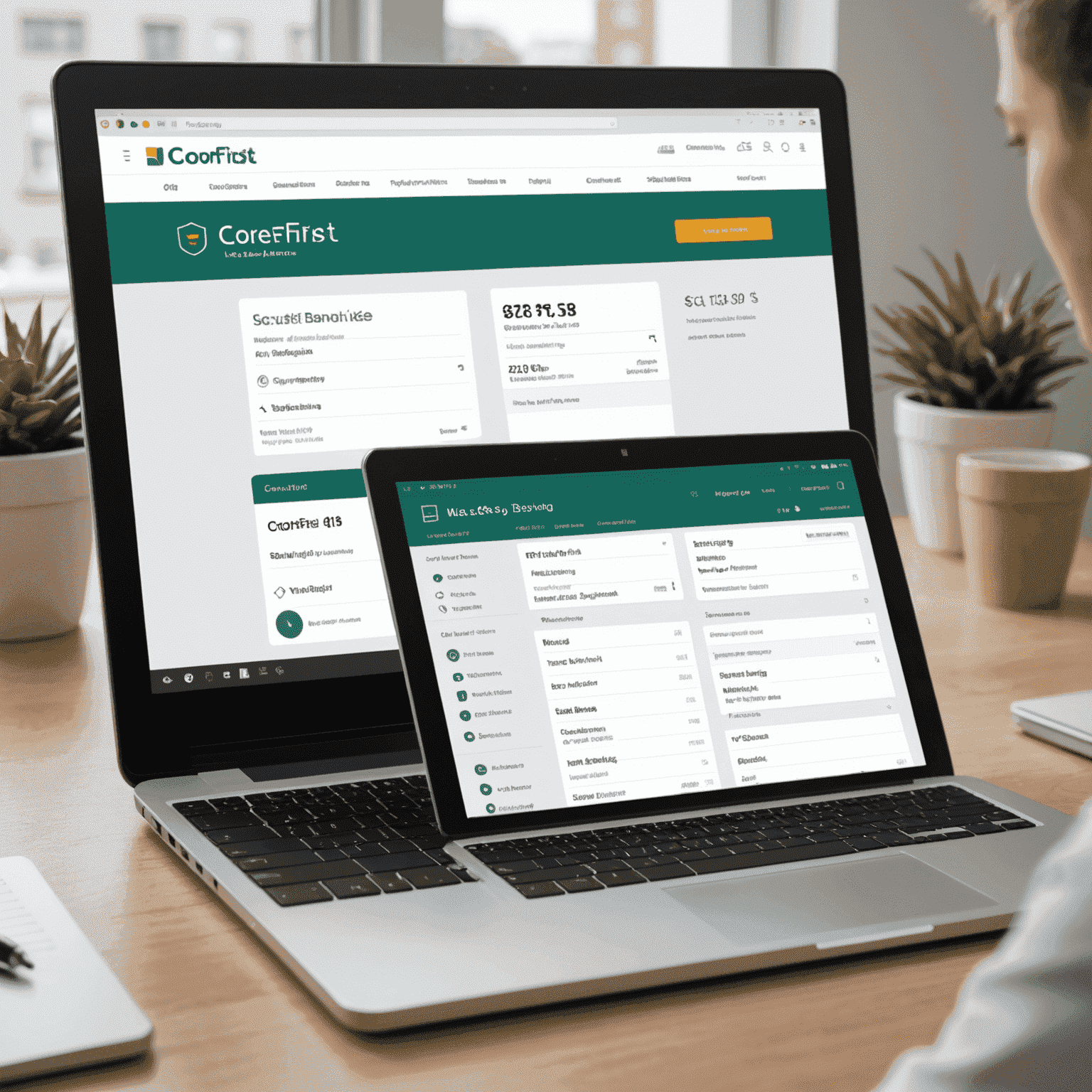 A secure laptop displaying CoreFirst's online banking interface, showing account balances and transaction history