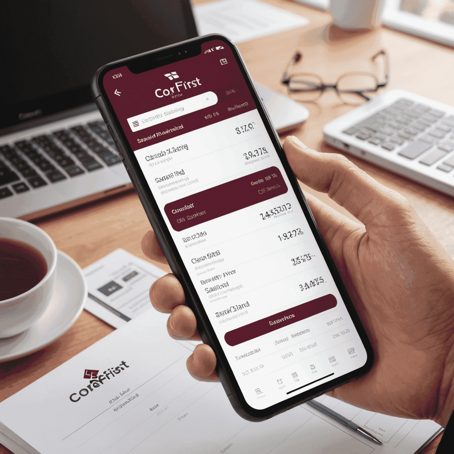 A smartphone displaying CoreFirst's mobile banking app interface, showcasing various features like account balance, transaction history, and quick transfer options. The app interface is clean and user-friendly, with burgundy and white color scheme.