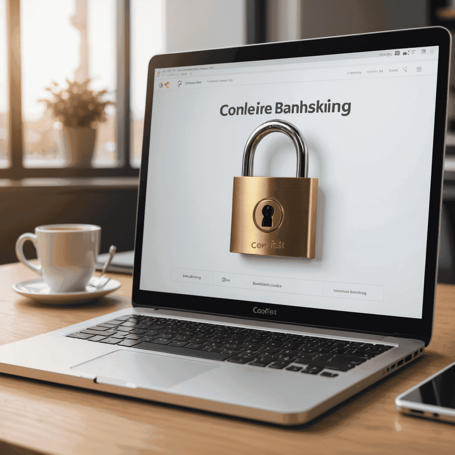 A secure laptop displaying CoreFirst's online banking interface with a padlock icon, symbolizing safe online banking practices