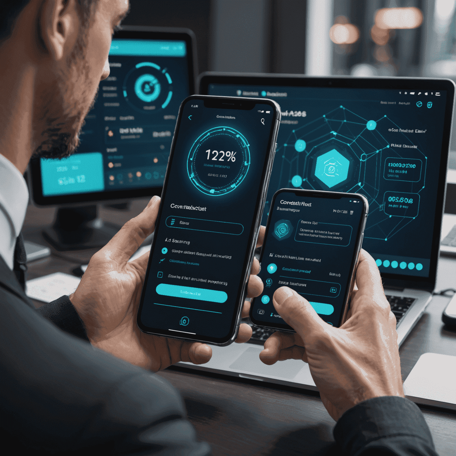 Futuristic digital banking interface showcasing CoreFirst's innovative features, including AI-driven financial advice, blockchain security, and seamless mobile integration