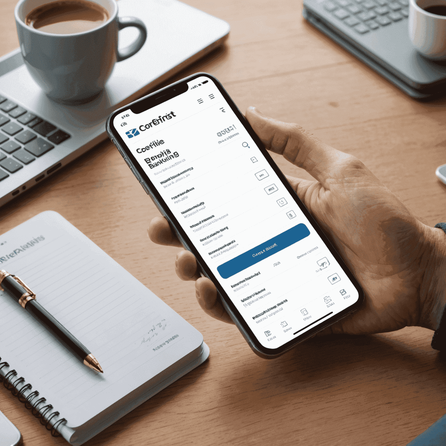 A smartphone displaying CoreFirst's mobile banking app, showcasing its user-friendly interface and key features
