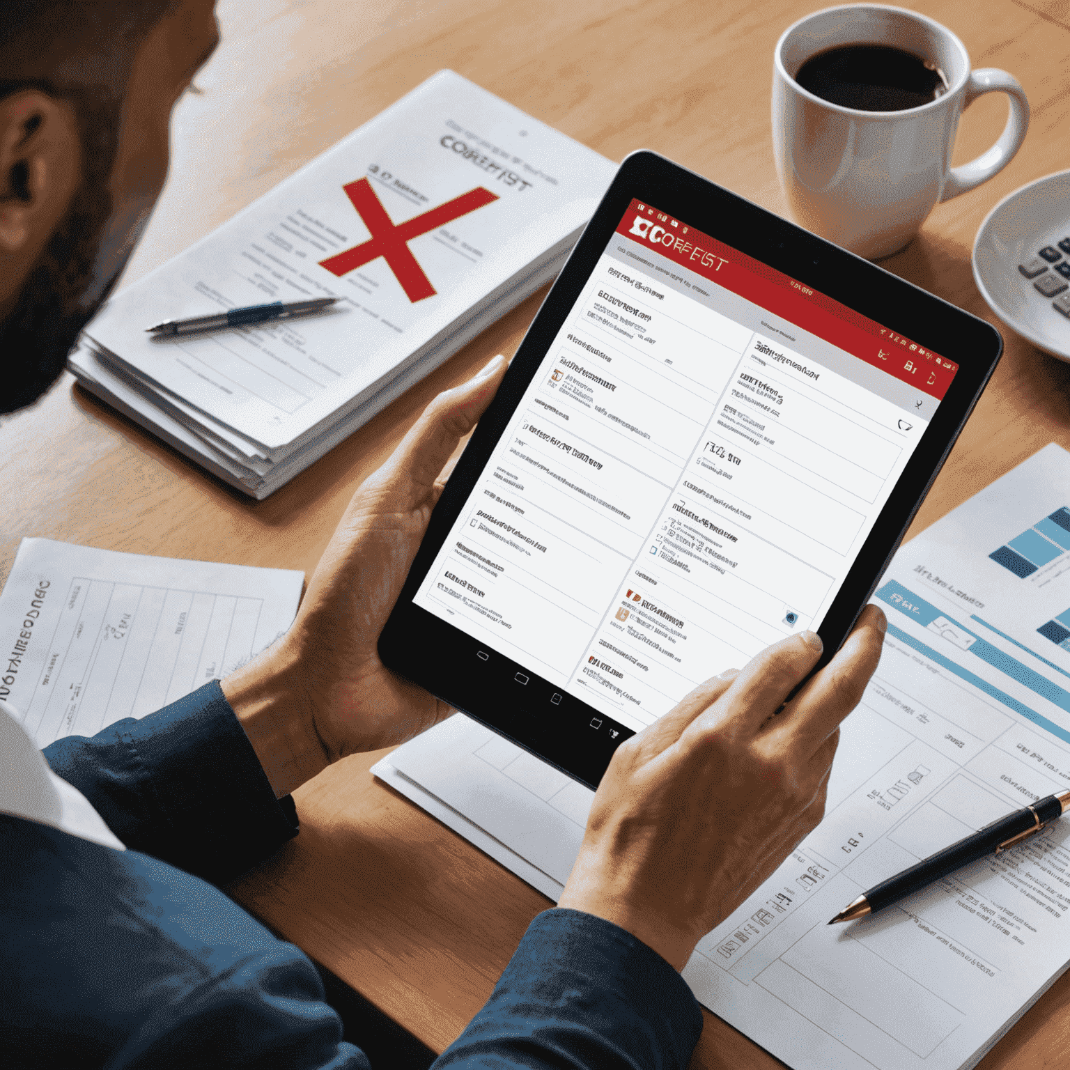 A split-screen image showing a person easily paying bills on a tablet with CoreFirst's online banking interface on one side, and a stack of paper bills with a red 'X' over them on the other, illustrating the shift from traditional to digital bill payment.