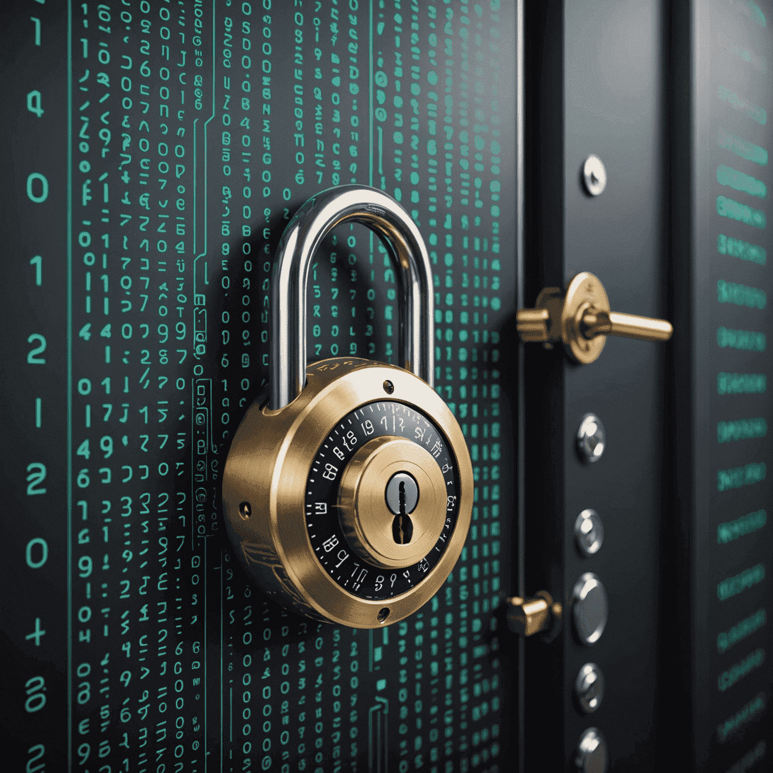 A digital lock protecting financial data, with binary code in the background representing online security measures