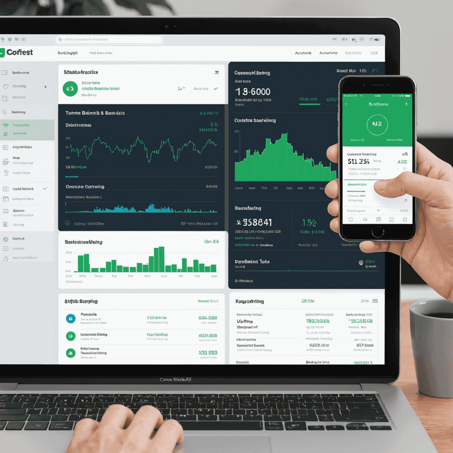 A digital dashboard showing CoreFirst's online banking interface with various features highlighted, including account balances, transaction history, and a prominent 'Go Paperless' button, emphasizing the comprehensive digital banking experience.