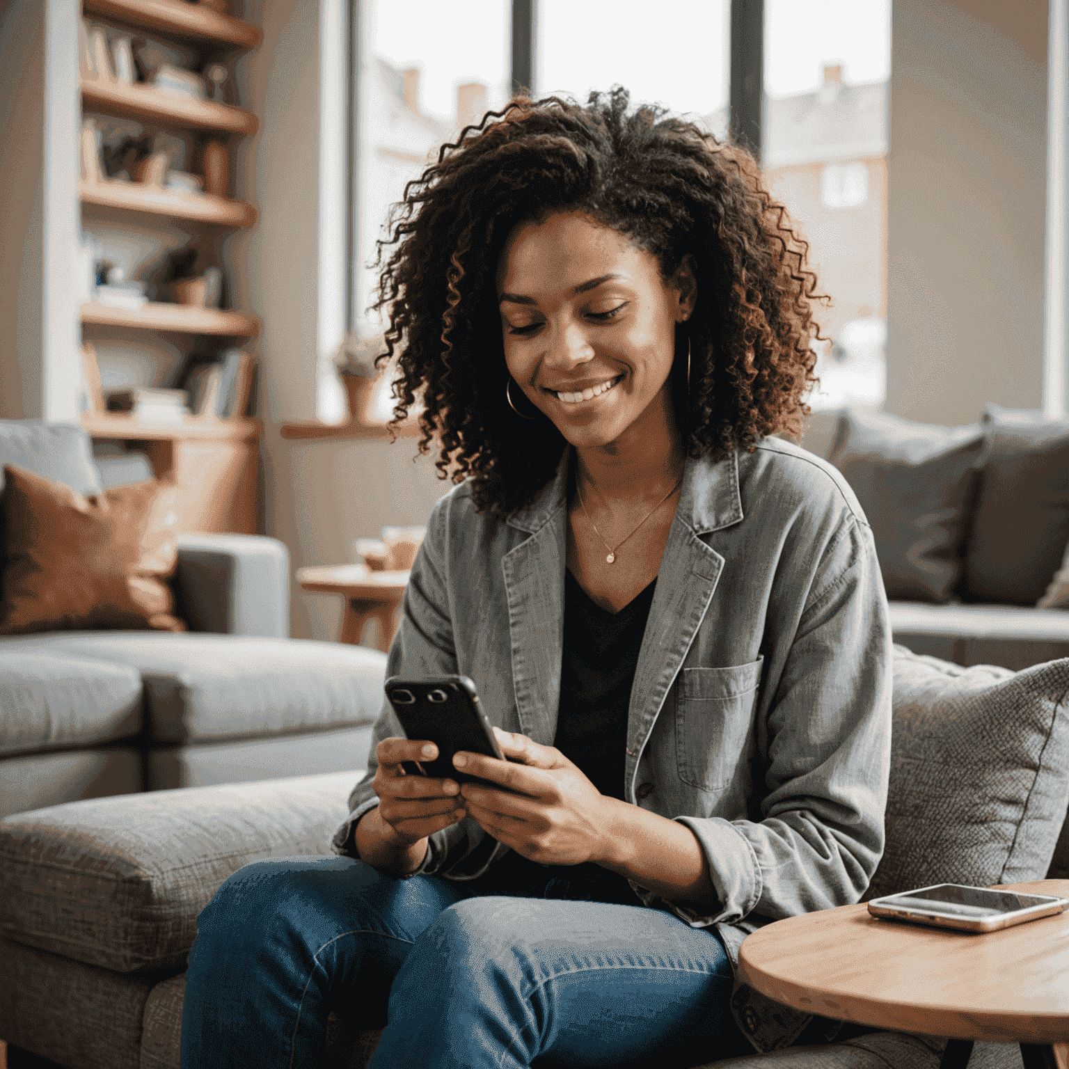 A person using CoreFirst's mobile banking app on their smartphone while relaxing at home. The image shows the ease and comfort of managing finances from anywhere, emphasizing the app's user-friendly interface and the convenience it brings to everyday life.