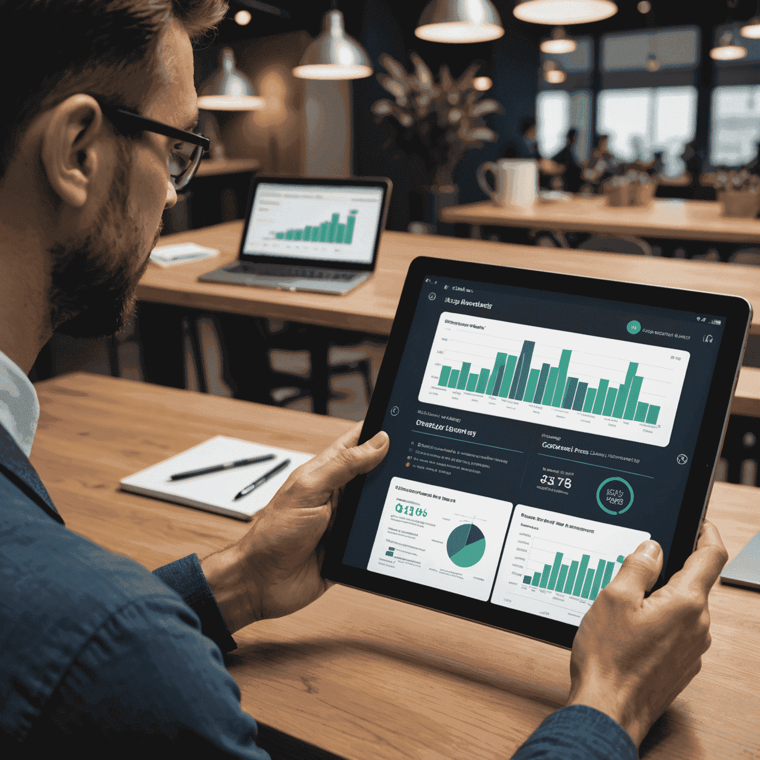 Person using CoreFirst's augmented reality feature on a tablet to visualize financial data and investment opportunities in 3D