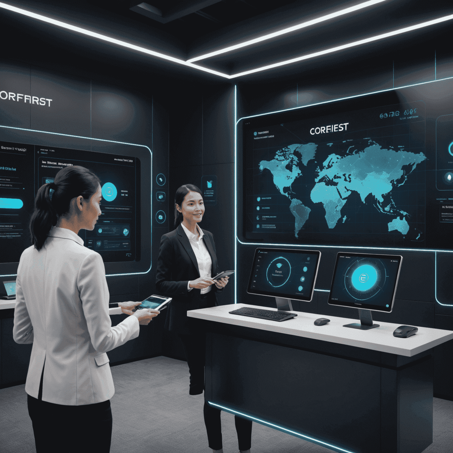 Futuristic banking interface with holographic displays and AI assistants, showcasing CoreFirst's innovative approach